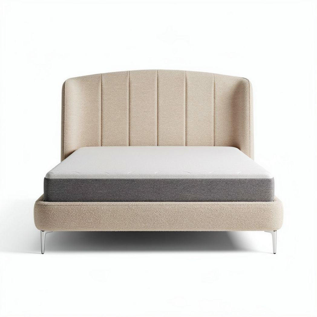 Modern upholstered bed frame with headboard in beige fabric 200 x 160 x 120cm