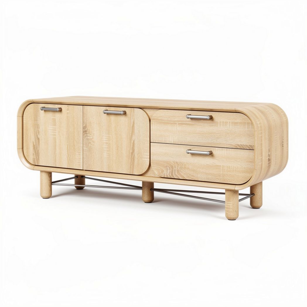 Natural wood sideboard with sliding doors and drawers 120 x 40 x 50cm
