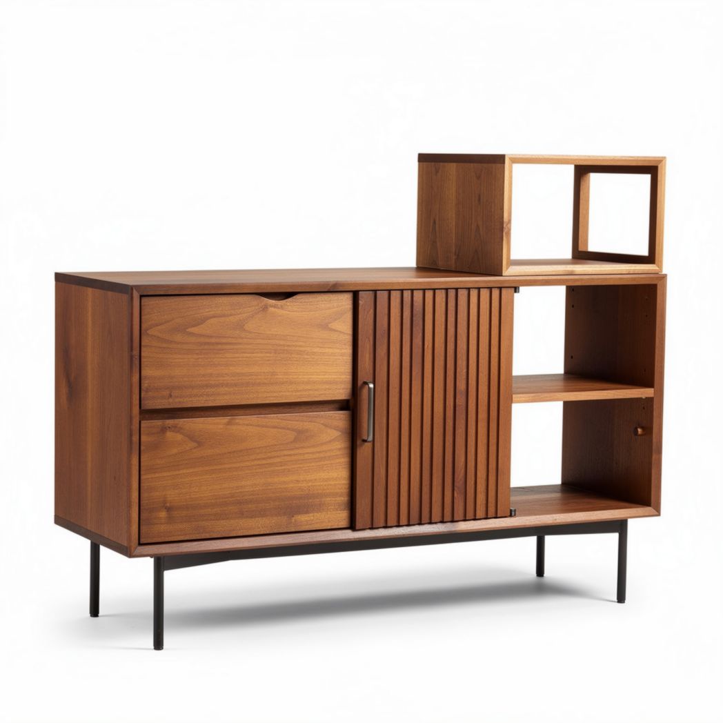 Wooden sideboard with open shelving and storage drawers 120 x 40 x 75cm