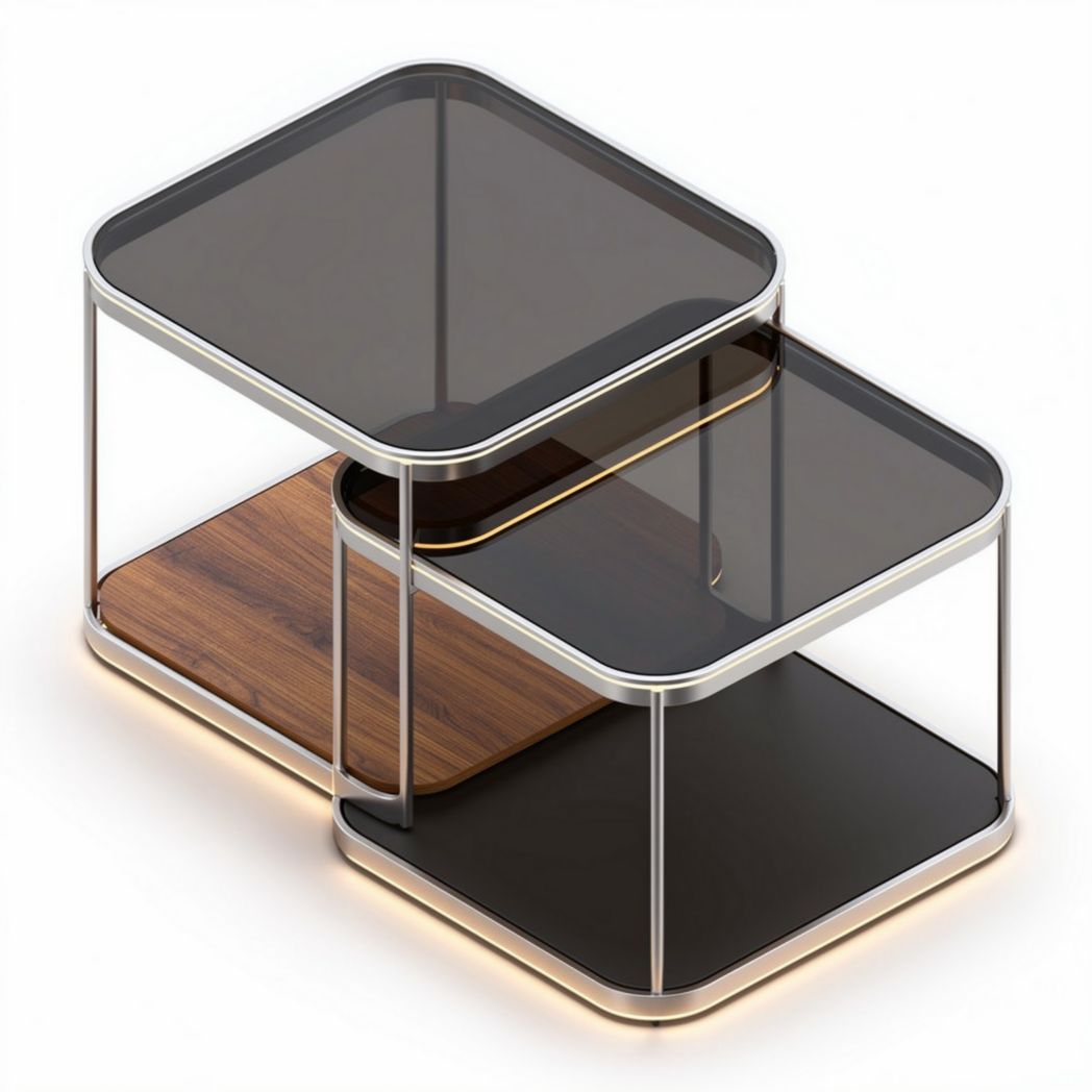 Glass and wood nested coffee tables with modern design 60 x 40 x 40cm
