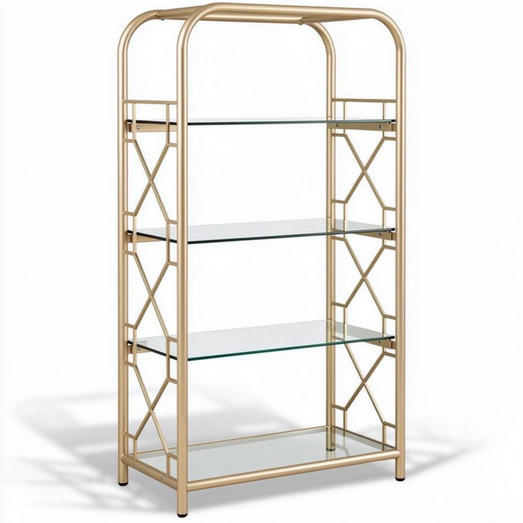 Gold metal frame glass display shelf with four tiers for storage or decor 80 x 40 x 160cm