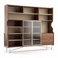Wooden storage cabinet with glass doors and multiple shelves 150 x 40 x 100cm