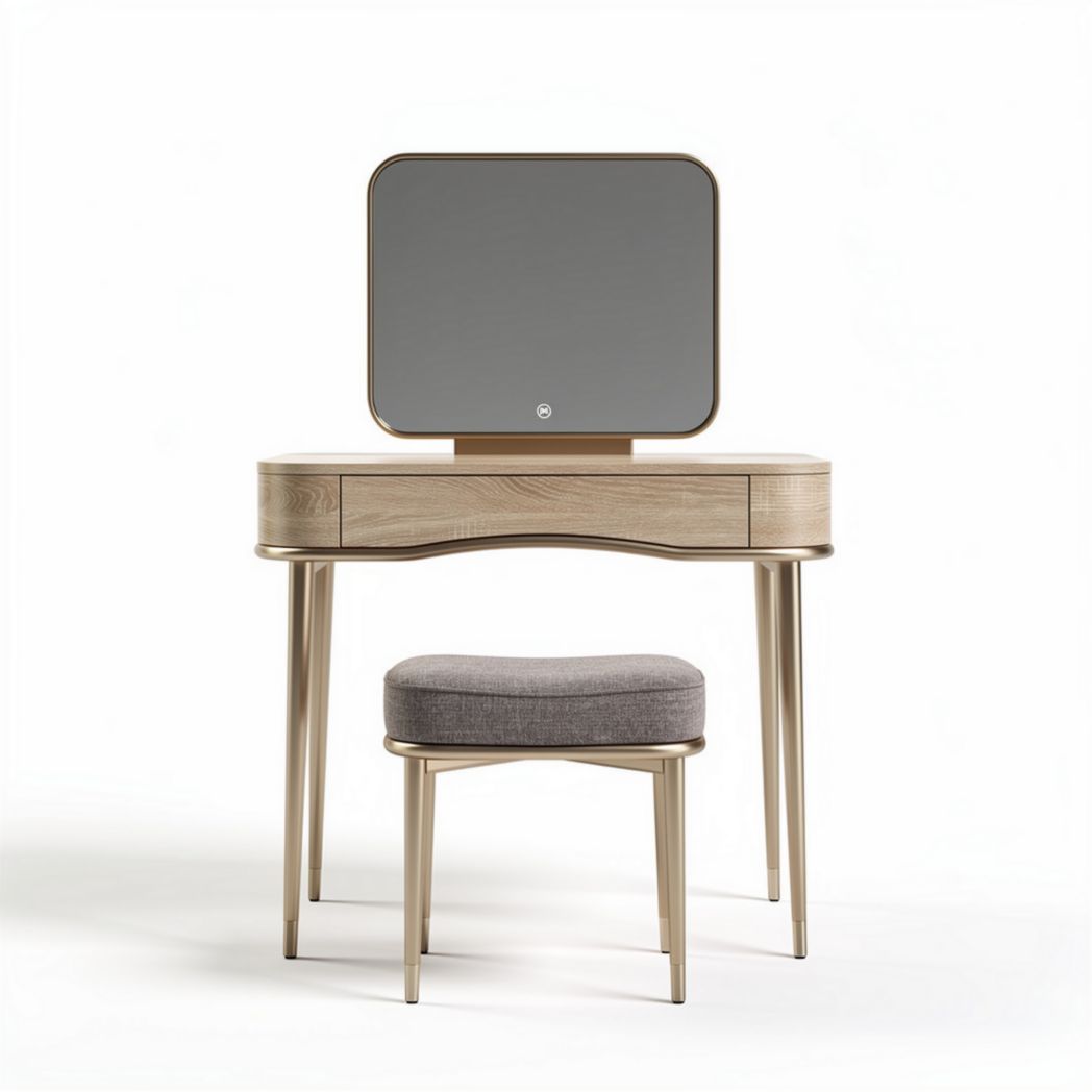 Wooden vanity set with mirror and upholstered stool in beige finish 80 x 50 x 140cm