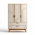 Bamboo and white storage wardrobe with three doors and two drawers 150 x 80 x 200cm