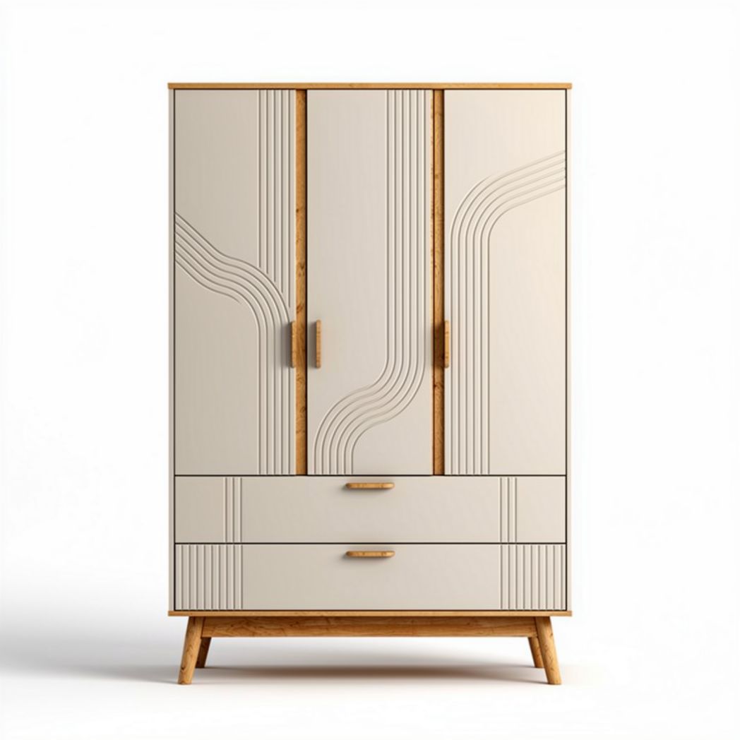 Bamboo and white storage wardrobe with three doors and two drawers 150 x 80 x 200cm