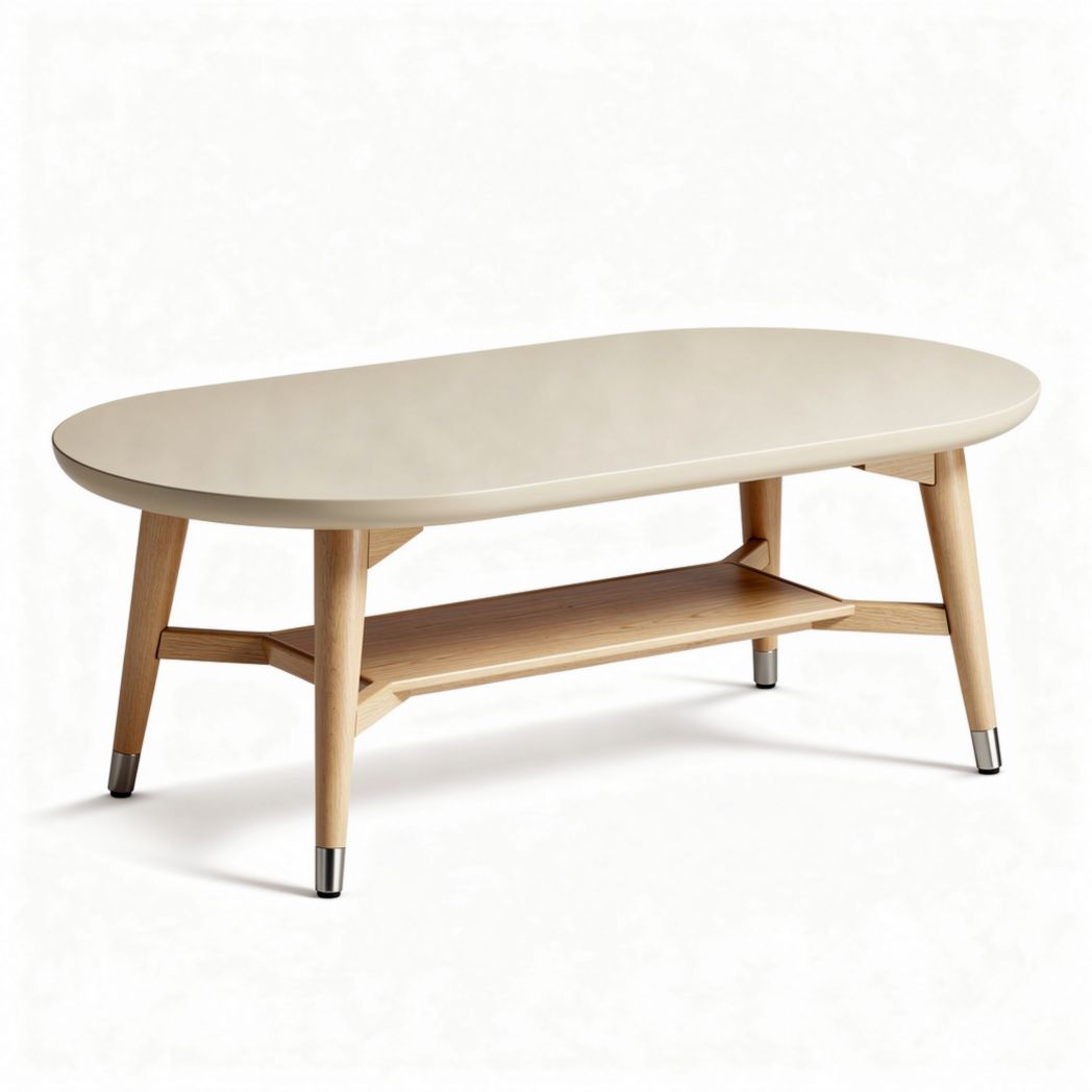 Oval coffee table with wooden legs and a lower shelf in beige 120 x 60 x 45cm