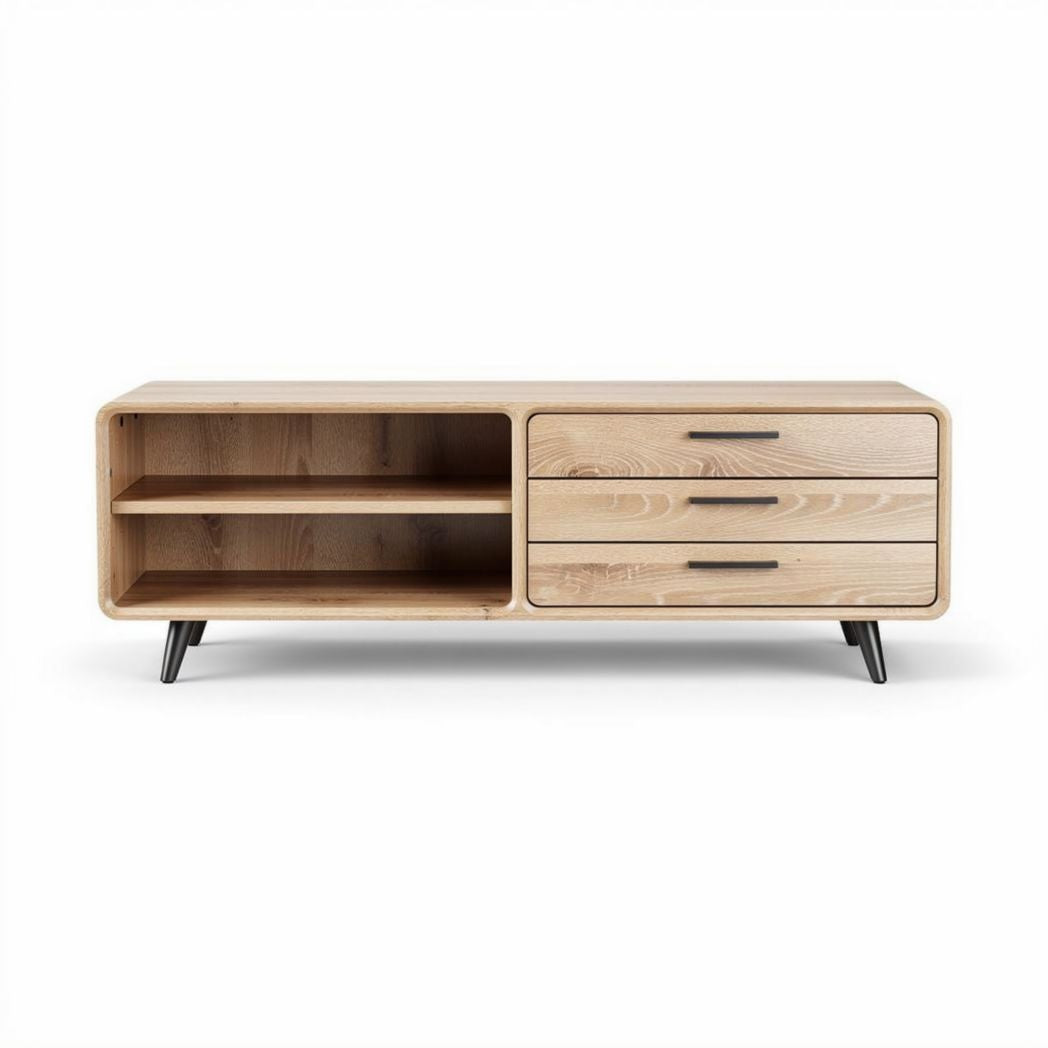 Wooden media console with three drawers and open storage space 150 x 40 x 50cm